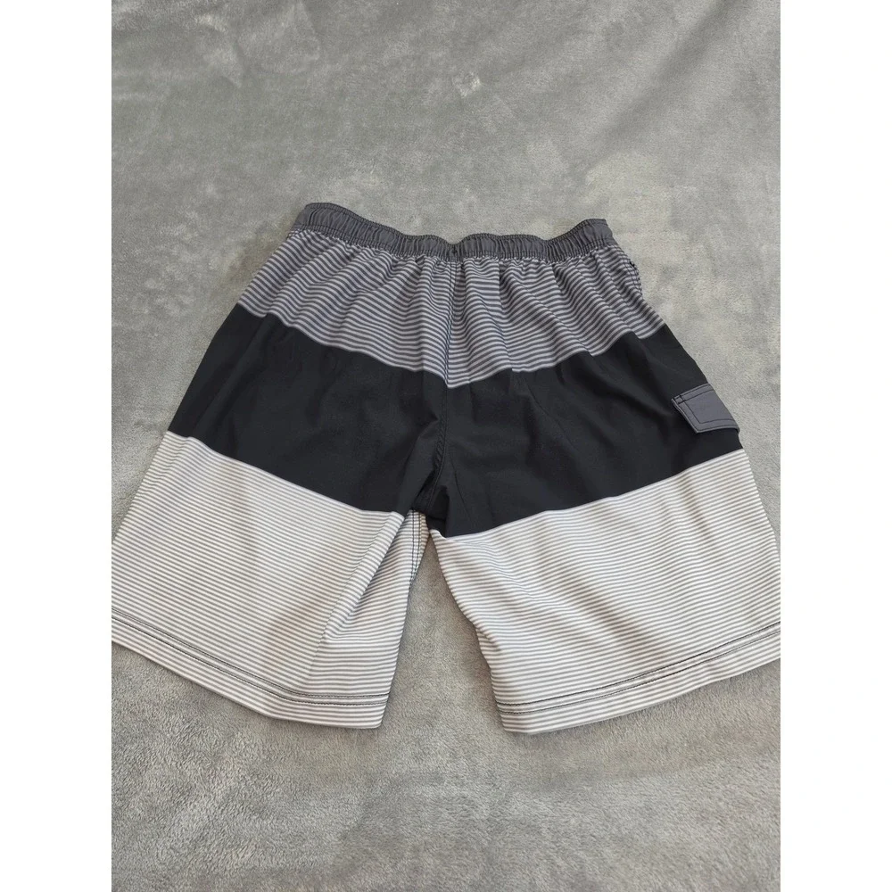 George‎ Mens Board Shorts Black Grey Striped Swim Trunks Size Medium 32-34